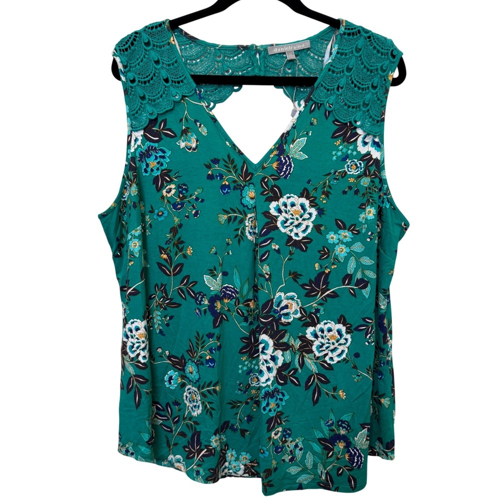 Daniel Rainn Womens Sleeveless Top 2X Teal Floral Lace Yoke Cutout Back Boho